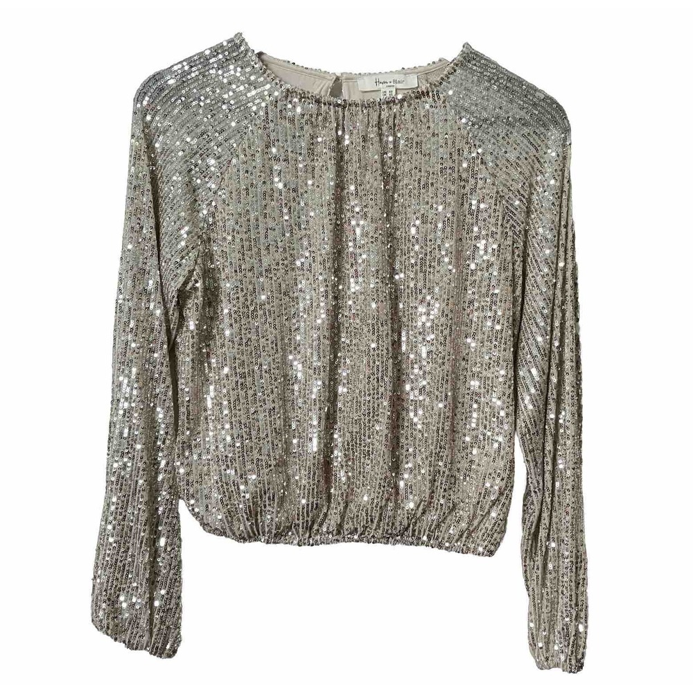 Haver & Blair Womens XS Champagne Silver Sequin Long Sleeve Blouse Keyhole Back